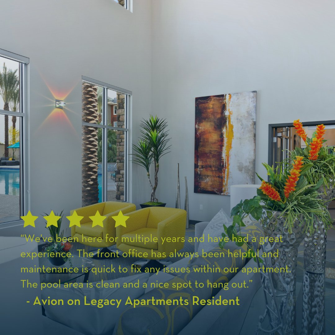 Looking for a great place to live in Scottsdale? Check out Avion on Legacy Apartments! And thank you to our wonderful resident for their kind words.  👏

#FiveStarLiving #ApartmentLiving #apartmentcommunity  #ResidentTestimony