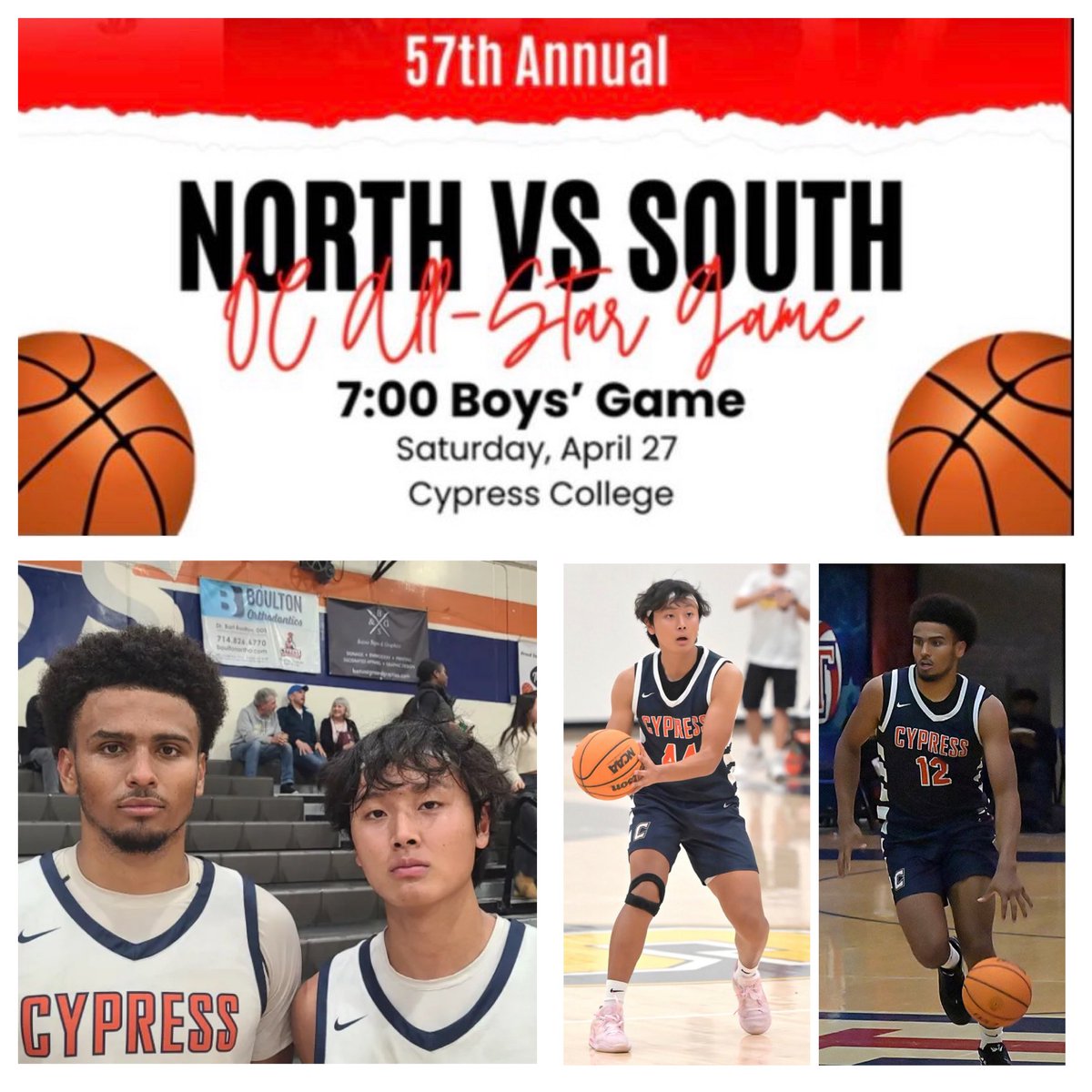 Congratulations to @Mmichaelwright and @Jojoki_12 for repping the North Squad in the @ocyouth Orange County All Star Game! Come ✅out these Cypress Legends ☝🏽more ⏰on Sat, (4/27) at Cypress College, 7pm #CypHype @ocvarsity @OCSportsZone @ScholSeries @CypHS_Athletics