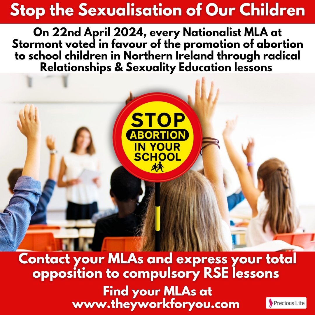 'It is the fundamental right of parents to be the first educators of their children, not the Government.' - Bernadette Smyth, Director of Precious Life.

Contact your MLAs voicing your opposition to RSE.
theyworkforyou.com 

#StopRSE #NorthernIreland