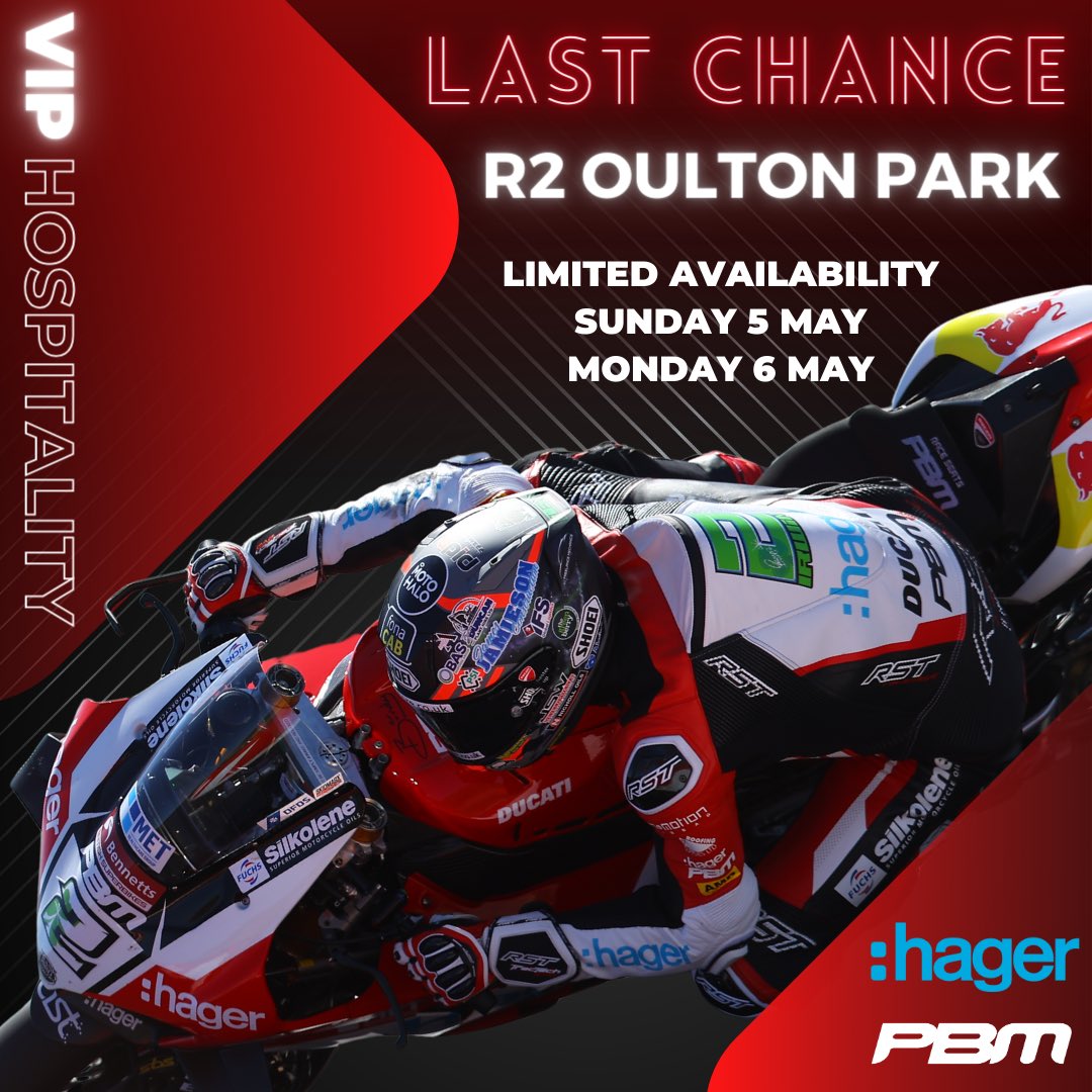 LAST CHANCE HAGER PBM DUCATI SUPPORTERS There are now just a limited number of places available for our first VIP Experience of the season at Oulton Park on 5th-6th May Reserve your place now and experience the weekend with the Team vip-pbm.com
