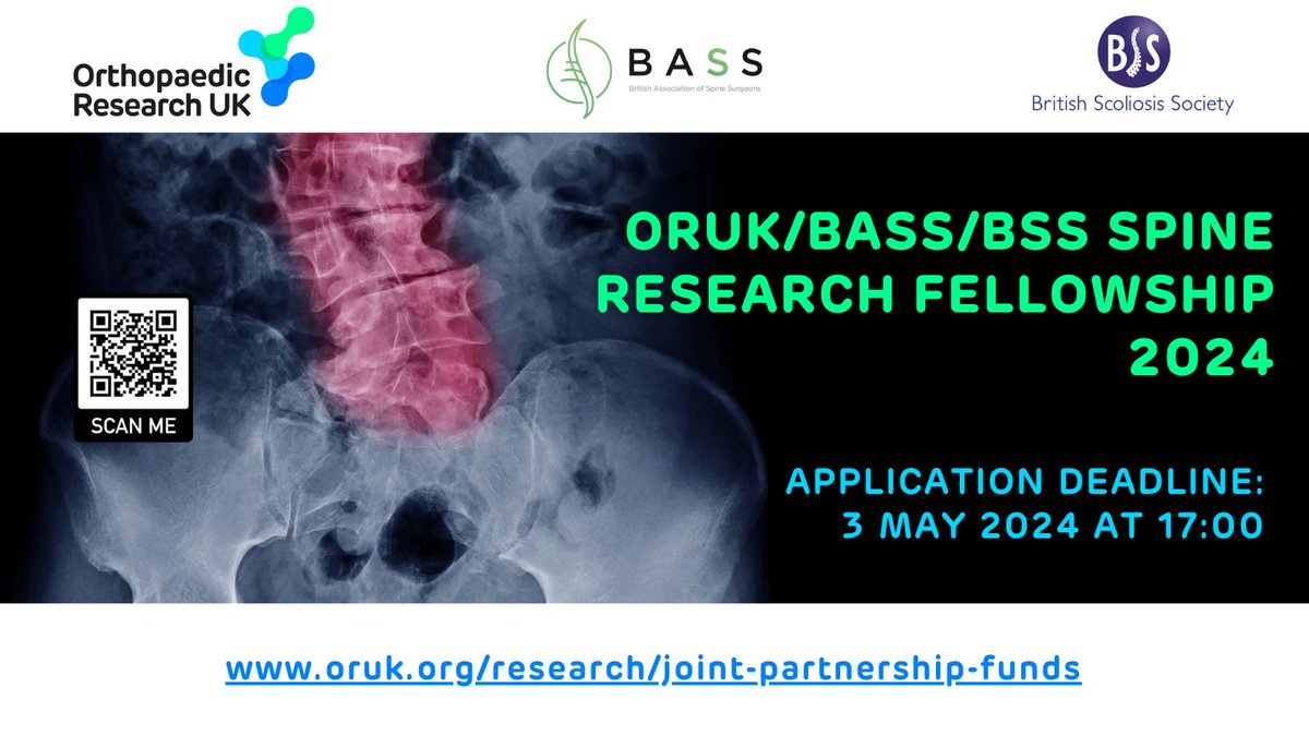 1 week is left to apply for our joint spine research fellowship with @BASSspine and @BritScoliosis. The fellowship is worth up to £70k across 2 years. Apply before 5pm on 3rd May by visiting: bit.ly/orukjpf #InvestinginOurFutureMovement