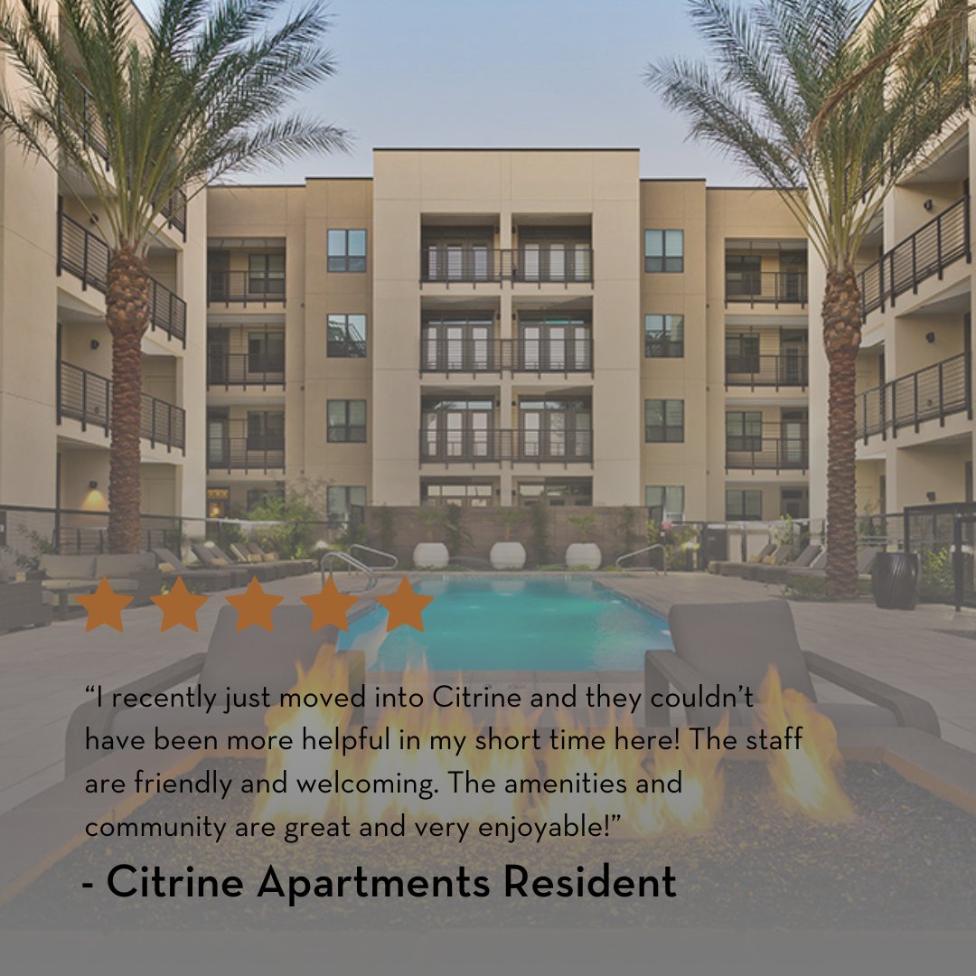 Looking for a great place to live in Phoenix? Check out Citrine Apartments! And thank you to our wonderful resident for their kind words.

#citrineapartments #PhoenixApartments #FiveStarLiving #apartmentliving #apartmentlife #nowleasing #ResidentTestimony