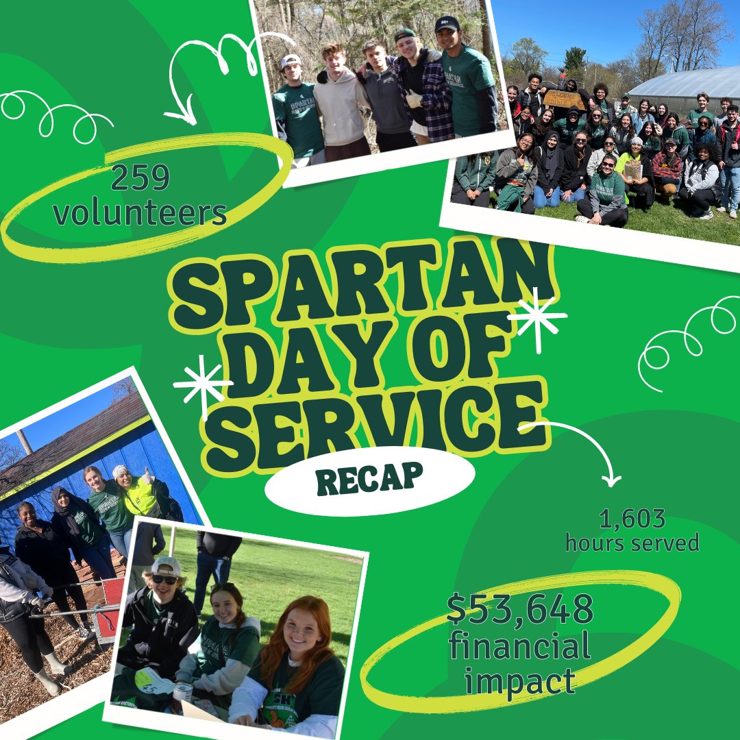 Thank you to everyone who attended this month's Spartan Day of Service! Because of your dedication, we were able to contribute over 1,600 hours to our community partners across the state, with a total financial impact of $53,648. 🌟💚 #SpartansServe @michiganstateu @msualumni