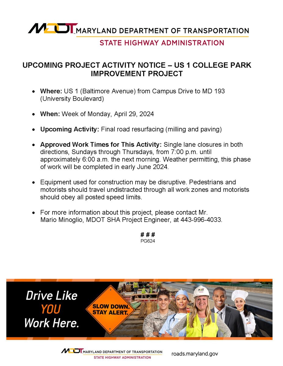 CollegePark_MD's tweet photo. Upcoming Project Notice from SHA: final road resurfacing on US 1 between Campus Dr and MD 193 will begin the week of April 29th. Expect single lane closures in both directions, weeknights, from 7 p.m. to approximately 6 a.m. the following morning. https://t.co/LKVCtn07nk