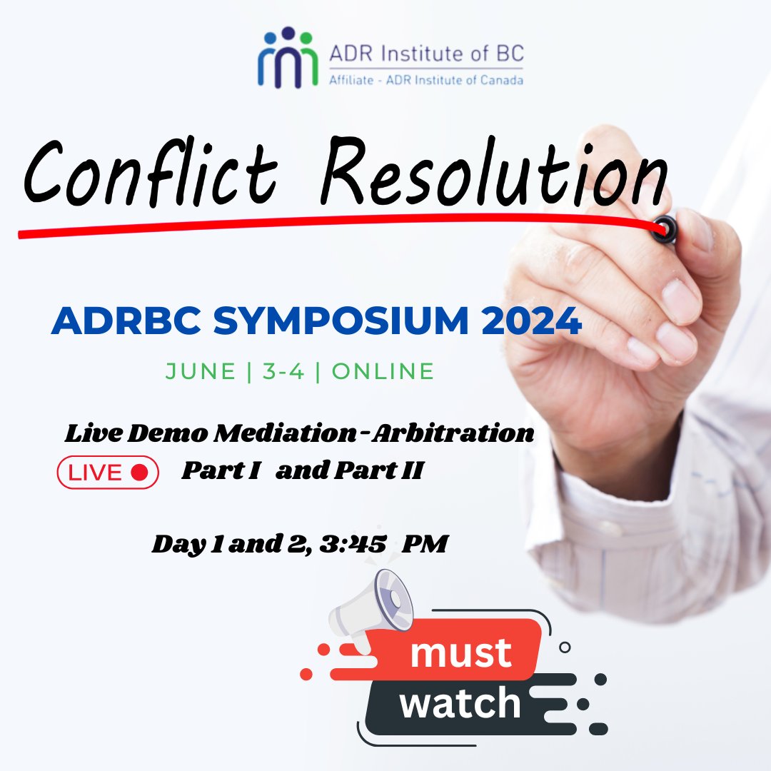 ✅ Join us for ADRBC’s first ever live demo of a Med-Arbitration!!! Part I and Part II, Day 1 and 2, 3:45 PM
Join us for a live demonstration of the Med-Arb process, from start to finish, presented by subject matter experts!   
 
🎯 Register today:  adrbc.com/2024-adrbc-sym…

#adr