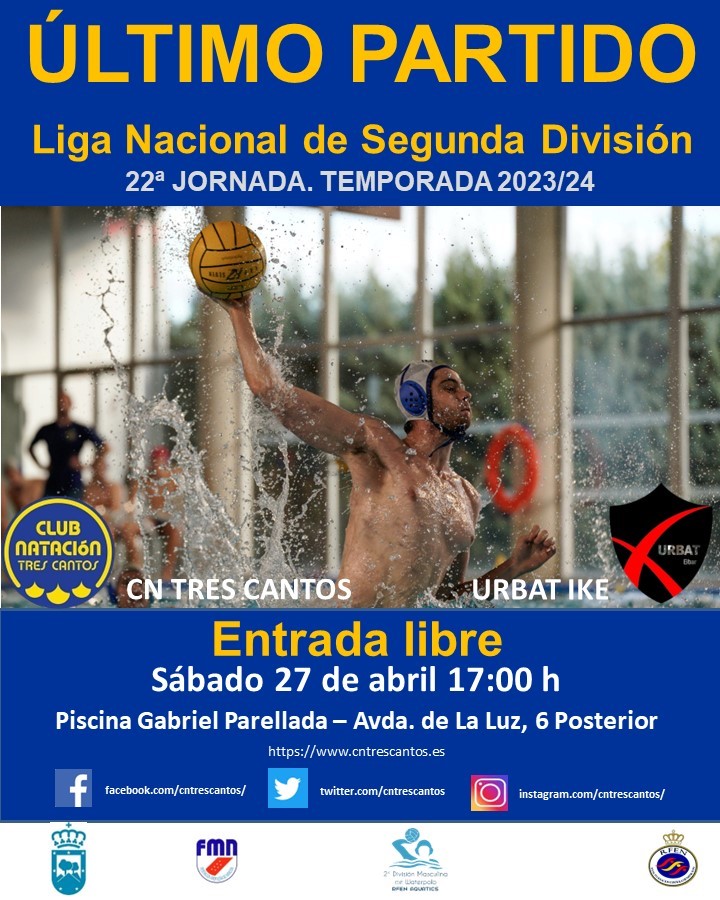 CLUB NATACIÓN TRES CANTOS 🏊♂️🤽♂️🏊♀️ (@cntrescantos) on Twitter photo ᑌᒪTIᗰO ᑭᗩᖇTIᗪO ᗪE ᒪᗩ TEᗰᑭOᖇᗩᗪᗩ
El próximo sábado, día 27 de abril, a las 17:00 horas:
@cntrescantos 🆚 <a href="/EibarkoUrbat/">Eibarko Urbat I.K.E.</a>
<a href="/fmn_oficial/">FMN</a> @rfen_oficial <a href="/3cantosdeportes/">Concejalía Deportes</a>
<a href="/ayto3cantos/">Ayuntamiento Tres Cantos</a> <a href="/revista360y5/">revista360y5trescantos</a>
📸 <a href="/MichaelTubia/">Michael Tubía</a> ᑌᒪTIᗰO ᑭᗩᖇTIᗪO ᗪE ᒪᗩ TEᗰᑭOᖇᗩᗪᗩ
El próximo sábado, día 27 de abril, a las 17:00 horas:
@cntrescantos 🆚 <a href="/EibarkoUrbat/">Eibarko Urbat I.K.E.</a>
<a href="/fmn_oficial/">FMN</a> @rfen_oficial <a href="/3cantosdeportes/">Concejalía Deportes</a>
<a href="/ayto3cantos/">Ayuntamiento Tres Cantos</a> <a href="/revista360y5/">revista360y5trescantos</a>
📸 <a href="/MichaelTubia/">Michael Tubía</a>