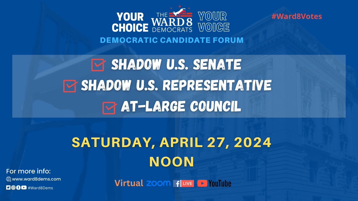📢📢 Join the Ward 8 Democrats as we present 'Your Choice, Your Vote,' a virtual candidates' forum for At-Large Council, Shadow Senator, & Shadow Representative. 📅 Saturday, April 27 ⏰ Noon to 2 pm 💻us02web.zoom.us/webinar/regist… #ward8votes #ward8 #DCision24