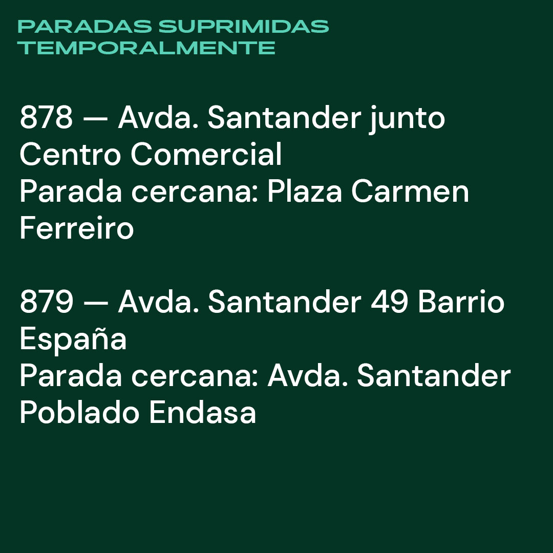 ⛔ Corte en #AvenidaSantander (sentido centro) 📅 A partir del lunes 29 de abril 🚍 Líneas afectadas: 2, P1, M2, B1 y F6 ❌🚏 Avda. Santander Centro Comercial y Avda. Santander 49 Bº España ✅🚏Más cercanas: Pza. Carmen Ferreiro o Avda. Santander Poblado Endasa