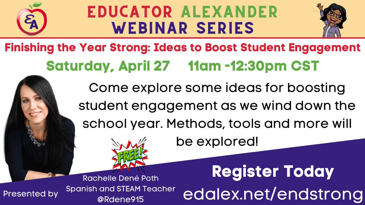 🗓️TOMORROW🗓️ 

📢Finishing the Year Strong: Ideas to Boost Student Engagement
 
Sat., Apr 27
11a-12:30p cst
 
☑️edalex.net/endstrong

#EdChat #EdLeaders #Edu #Education #Educhat #Principals #Student #students #teacher #teachers #classroom #k12 #edtech #educoach @Rdene915