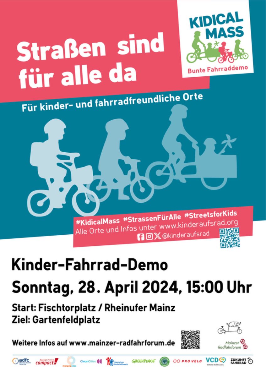 🚨 Straßen sind für alle da!
Kommt zur großen 
Familien-Fahrraddemo in #Mainz.

🗓️ 28.04.2024
📍Fischtorplatz, Rheinseite
⏰ 15.00 Uhr