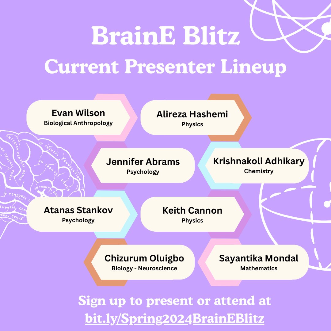 BrainE Blitz is in one week! 🎉 Check out the current presenter lineup of CUNY STEM graduate students. There is still time to RSVP. Sign up to present or attend at bit.ly/Spring2024Brai….