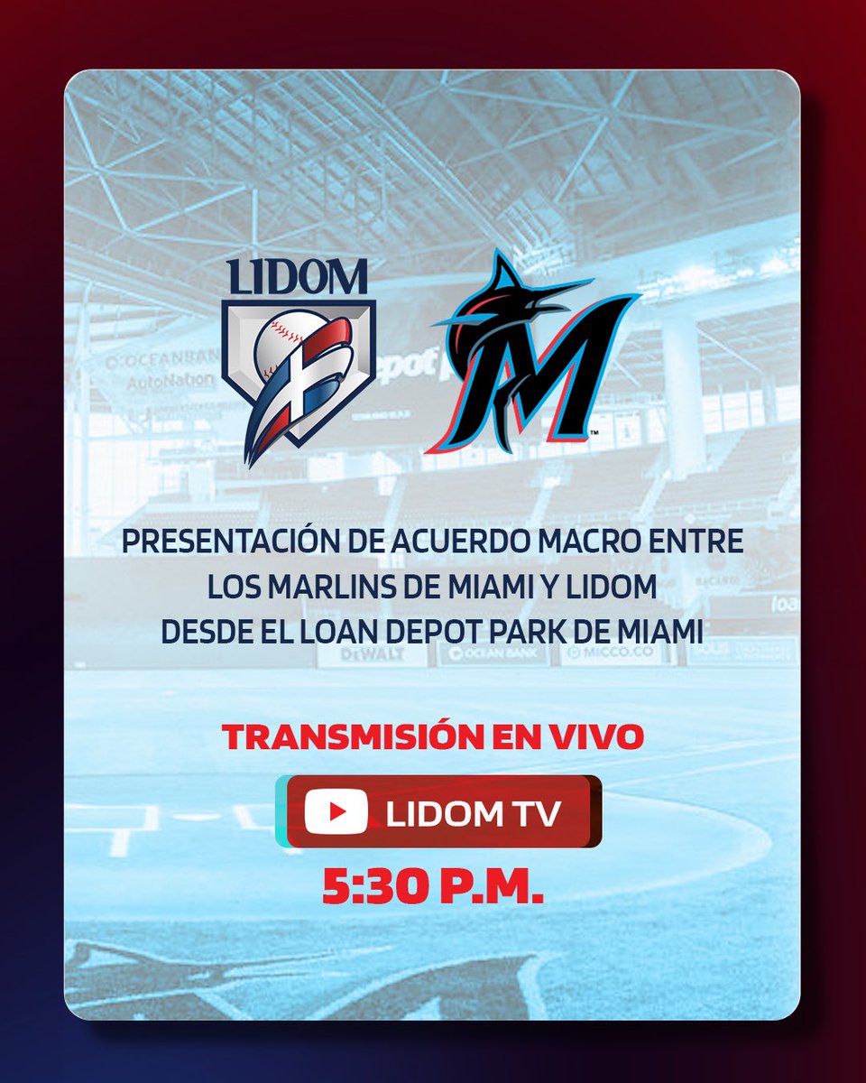 Acompáñanos y entérate de lo que viene 👀⚾️ Rueda de prensa de la firma de acuerdo entre @marlins y LIDOM en vivo desde el @loandepotpark de Miami 🙌🏻 🗓️: Viernes 26 abril ⏰: 5:30 p.m. 💻: Canal de YouTube: LIDOMTV #LIDOM