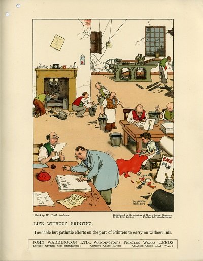 Wonderful new addition to @LeedsMuseums #Waddingtons collection which includes this fantastic Heath Robinson drawing showing #printers trying to manage without ink! Life Without Printing 1928. #museum