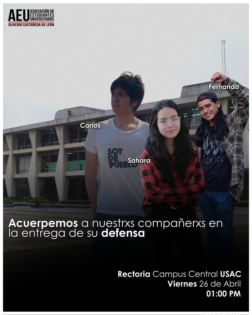 AEU_OliverioCDL's tweet photo. ¡NUNCA MÁS ESTUDIANTES CRIMINALIZADOS POR DEFENDER LA EDUCACIÓN PUBLICA!

Este viernes 26 de abril, los compañeros injustamente criminalizados y perseguidos por la universidad presentarán su defensa. 

📆 26 de abril
🕒 01:00 p.m.
📍Frente a rectoría https://t.co/Kjdz2Kxb9Q