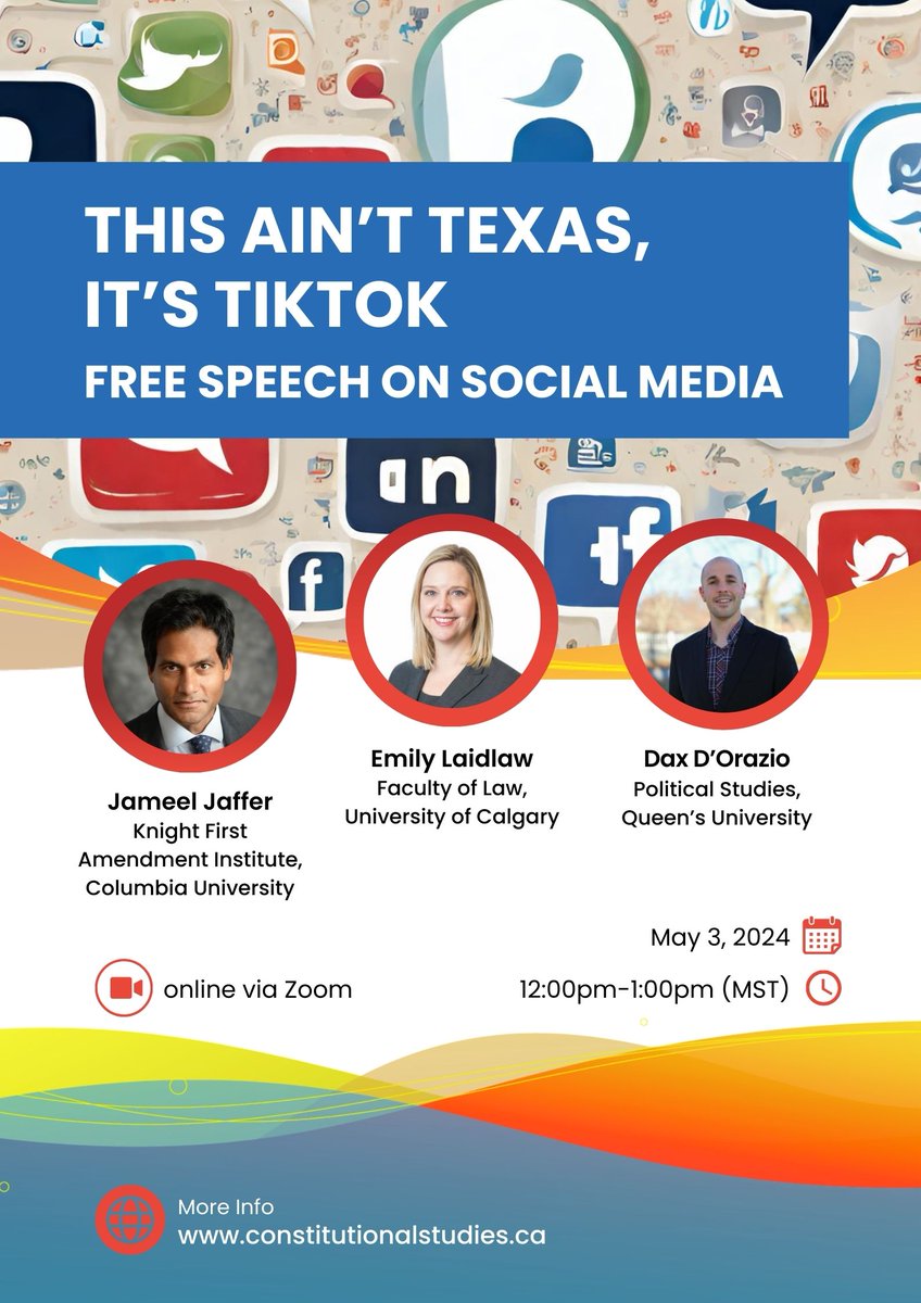 Join us in 1 week for a conversation about the stakes of moving public discourse onto social media and the consequences for free speech in the US and Canada, feat: Dax D'Orazio (@QueensuPOLS), @EmilyLaidlaw (@ucalgarylaw), and @JameelJaffer (@knightcolumbia). Registration link ⬇️