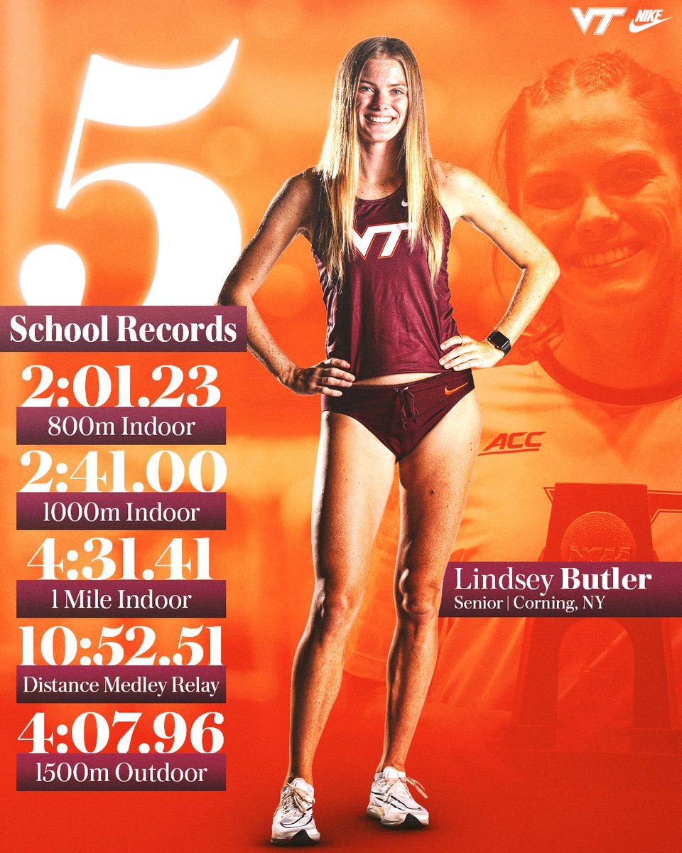 HokiesTFXC's tweet photo. Most records held by a Virginia Tech track and field athlete! 

2022 NCAA 800m Indoor Champion, 2x ACC 800m Indoor Champion, and 4x First Team All-American @_llindseyy 

🗞️ https://t.co/n1ZX8I1MQb

#Hokies 👟 https://t.co/SZ4CAJ323I