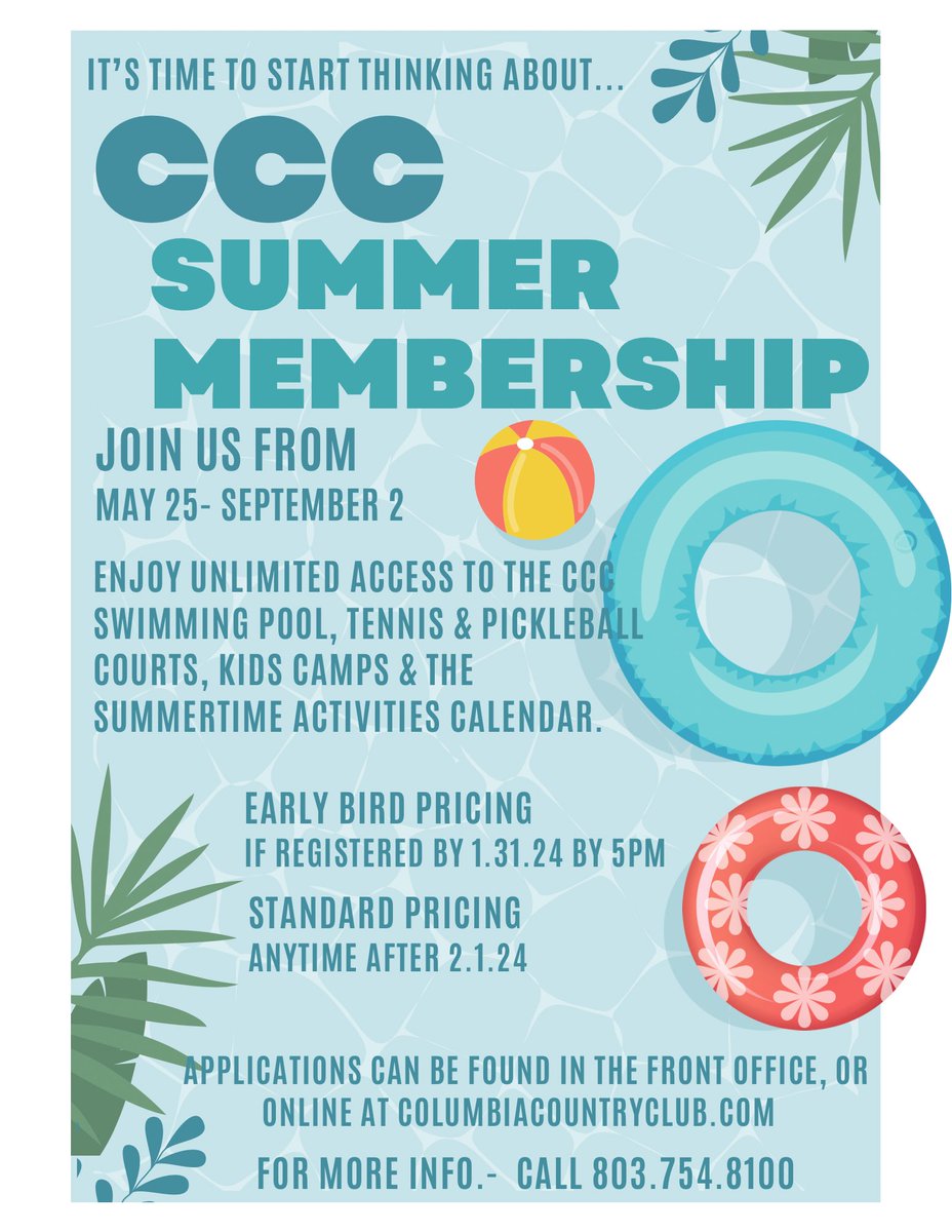 Columbia Country Club’s Summer memberships are for sale and going quick!! We would love for you to join us and enjoy another amazing pool season. Summer membership applications can be found online at columbiacountryclub.com. For questions and inquiries, please call 803.754.8100.