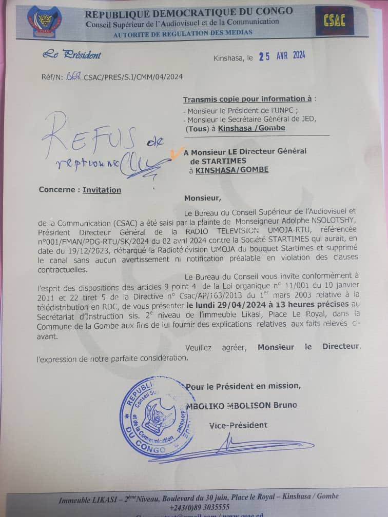 #RDC Monsieur le Directeur Général de StarTimes RDC @StarTimes_RDC Nous tenons à vous informer que le refus de votre service d'accuser réception de l'invitation envoyée par le Conseil Supérieur de l'Audiovisuel et de la Communication (@csac_rdc) a été dûment noté. Cette…