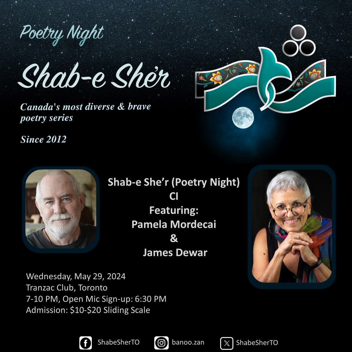 #Toronto! Mark your calendars for @ShabeSherTo featuring #JamesDewar & Pamela Mordecai @Refracting + #OpenMic for #poetry in any #language May 29 #Join, #SpreadTheWord, #poets, #community, #diversity, #FreedomOfSpeech, #publishing, #reading, #books fb.me/e/angwG5d5B