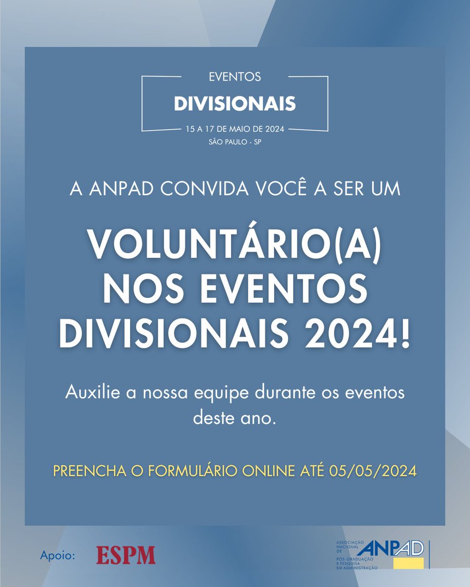 Seja voluntário nos Eventos Divisionais da ANPAD 2024!
Preencha o formulário online específico até 05/05/2024: mla.bs/8cc0f29e.
Não perca a chance de se envolver e contribuir para o sucesso desses eventos!
Para mais informações acesse: mla.bs/d0095696.