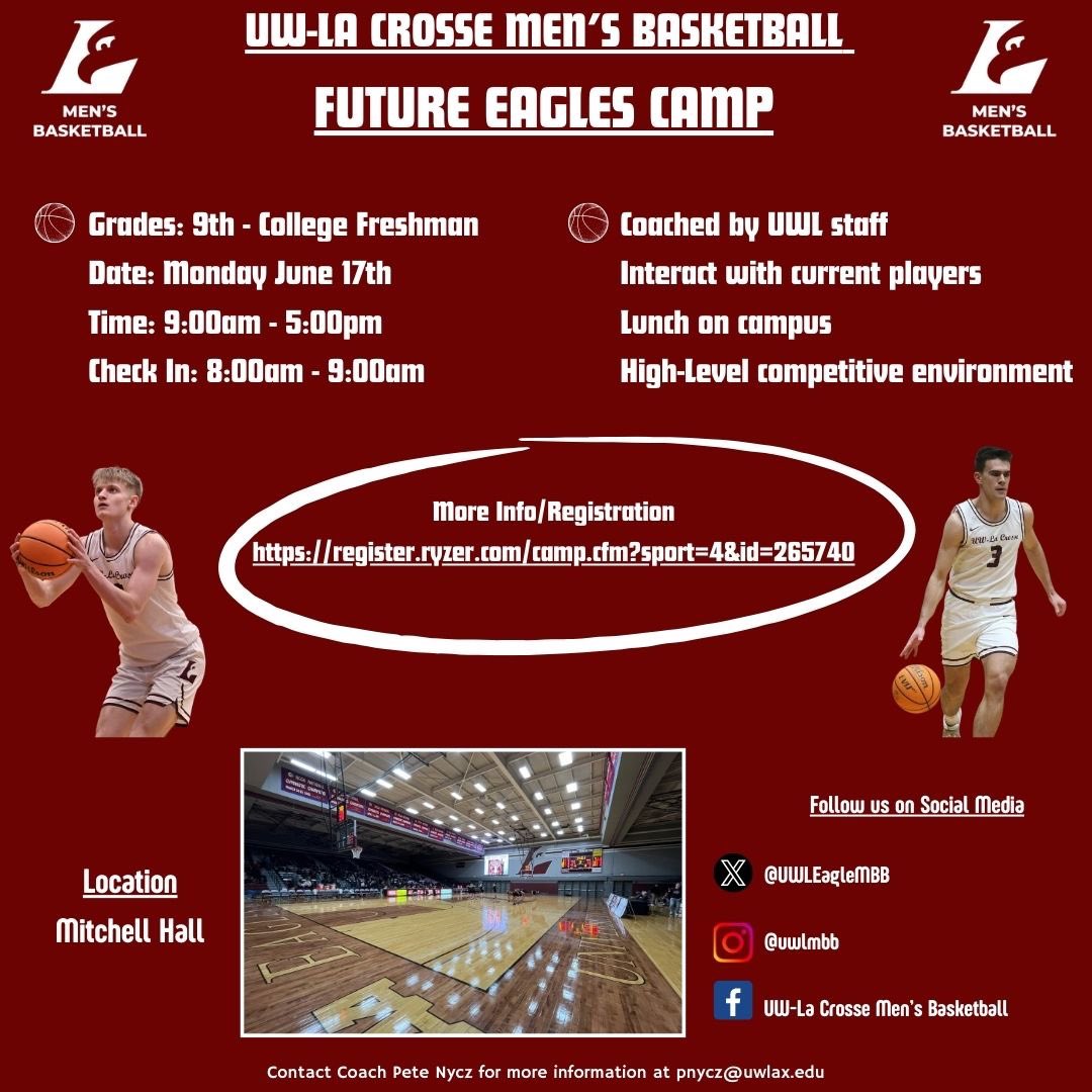 🚨Update🚨 Made some changes to our Future Eagles Prospect Camp! Get signed up today for a great opportunity to compete and showcase your skills in front of UWL coaching staff!! #AsAnEagle Link⬇️ register.ryzer.com/camp.cfm?sport…