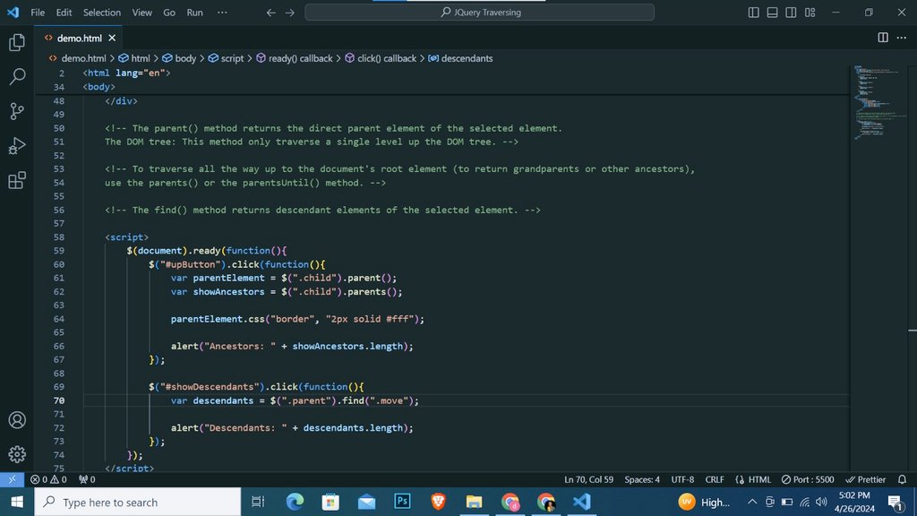 Day 86 #100DaysOfCode of learning #javascript for #frontenddevelopment

Today, I learnt about jQuery Traversing, which includes methods for traversal, ancestors, and descendants. I also learnt about the parent(), parents(), and find() methods.

#javascriptlearning #javascript