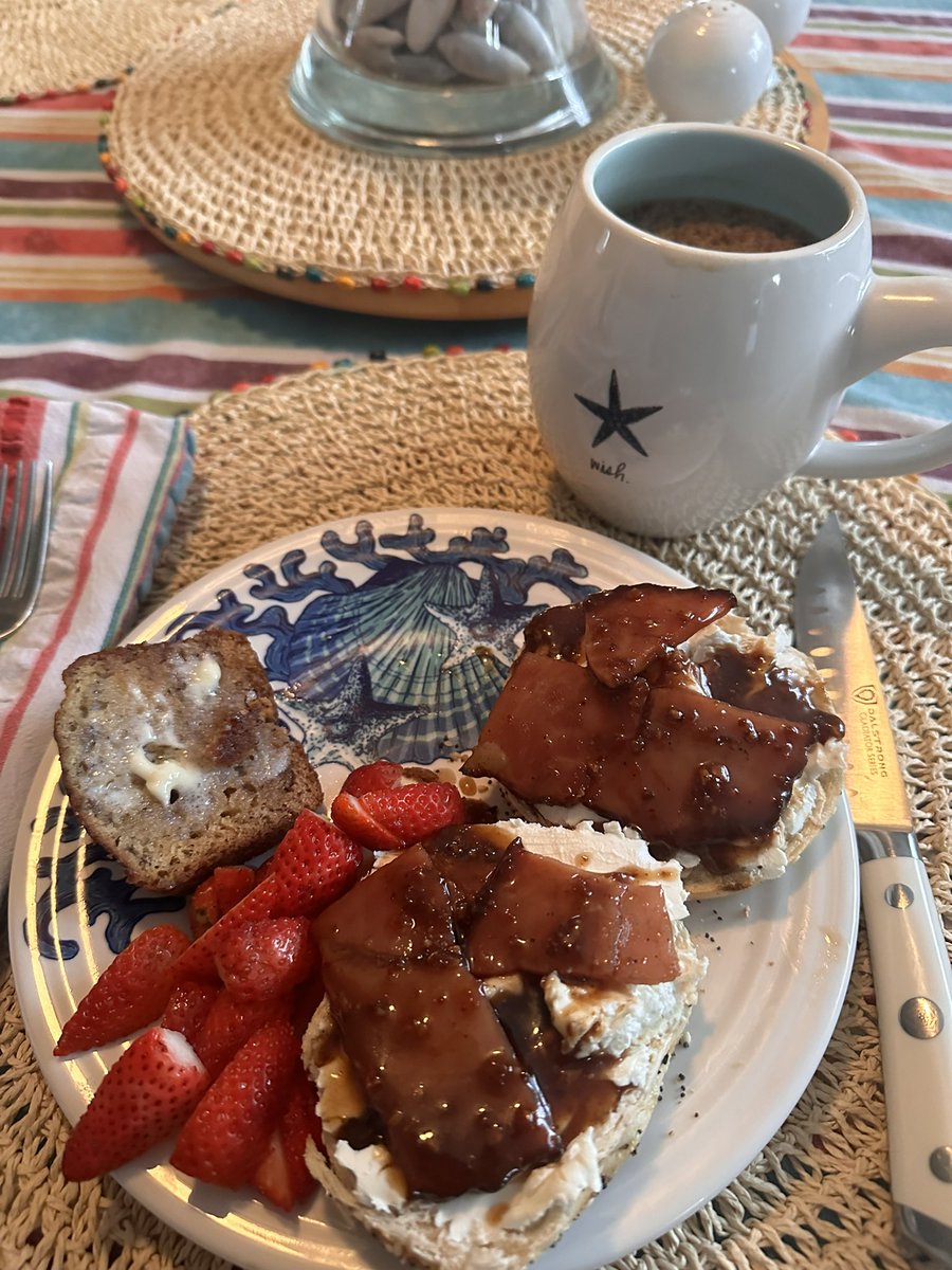 #Breakfast Had spiral sliced ham, made a glaze, put on everything bagel with cream cheese. Strawberries from #BackyardGardening, & banana bread I made