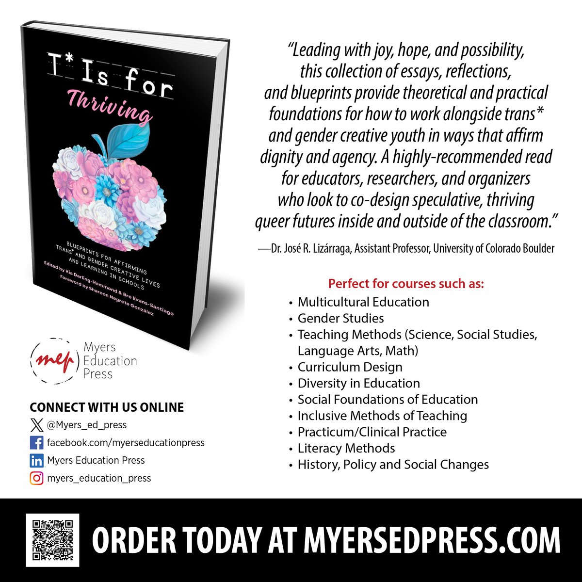 NOW AVAILABLE! 'T* is for Thriving: Blueprints for Affirming Trans* and Gender Creative Lives and Learning in Schools' edited by Kia Darling-Hammond and Bre Evans-Santiago myersedpress.presswarehouse.com/browse/book/97… #Education #Trans #teaching #inclusiveeducation #SEL #genderidentity #student