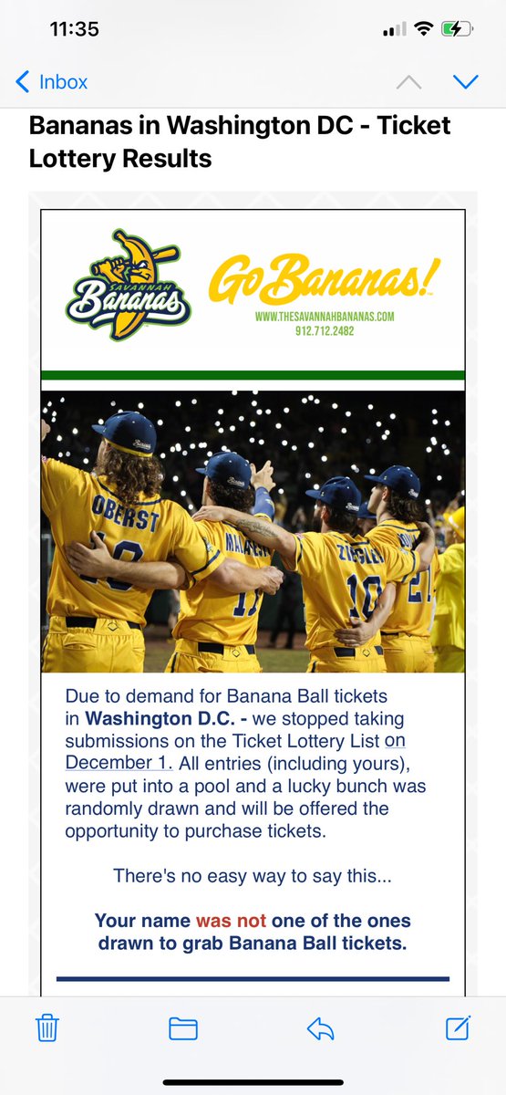 Yes, we have no Savannah Bananas tix for you at Nats Park in DC.😿