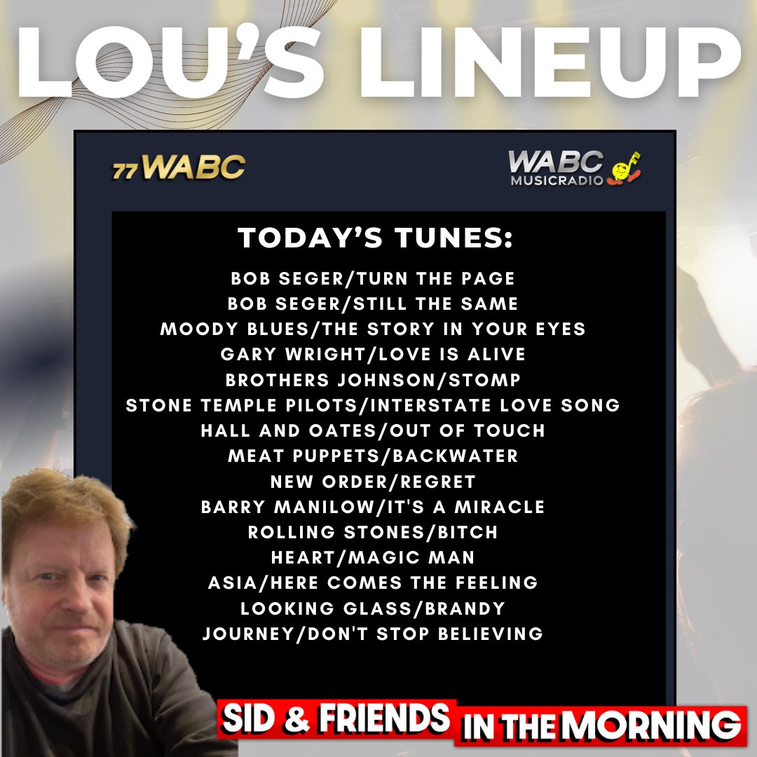 And now... it's time for LOU'S LINEUP! Listen to Sid and Friends In The Morning from 6AM-10AM EST on wabcradio.com or on the 77 WABC app! FULL #FRIDAY PLAYLIST HERE: wabcradio.com/2024/04/26/lou…