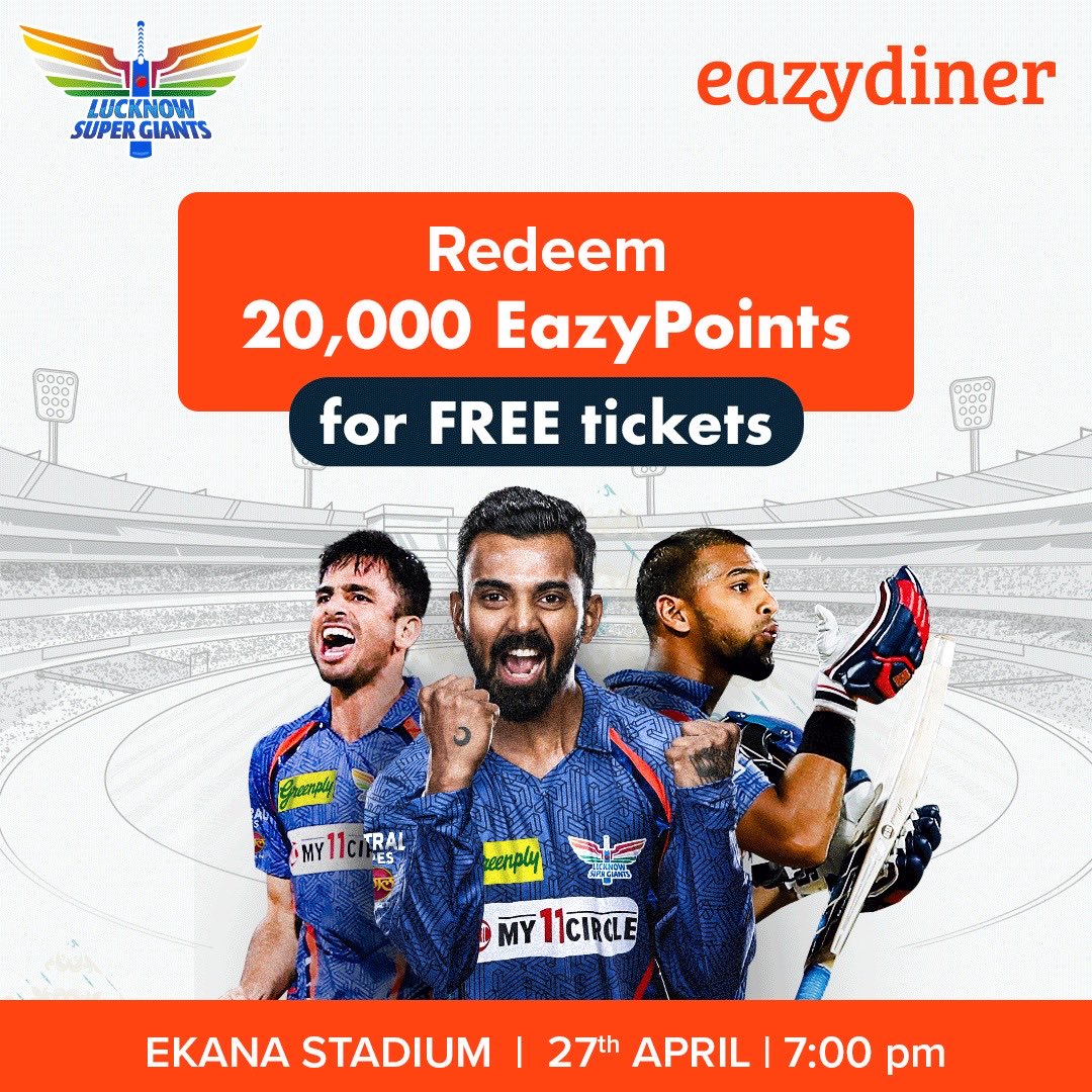 Eat out with ⁦⁦@eazydiner⁩ and save close to 50% on restaurant bills. Earn EazyPoints every time. Redeem those EazyPoints for free tickets to the Rajasthan Royals & our partners Lucknow Super Giants game tomorrow. Game on, party on ⁦@LucknowIPL⁩.
