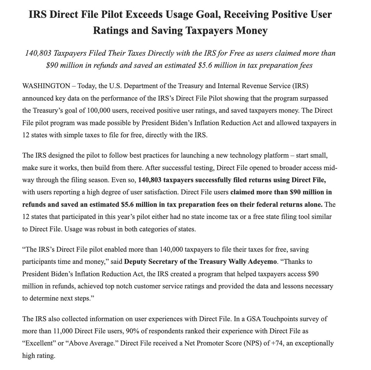 The IRS says 140,803 people successfully filed their taxes with the agency's free direct file pilot program – exceeding their goal of 100,000.