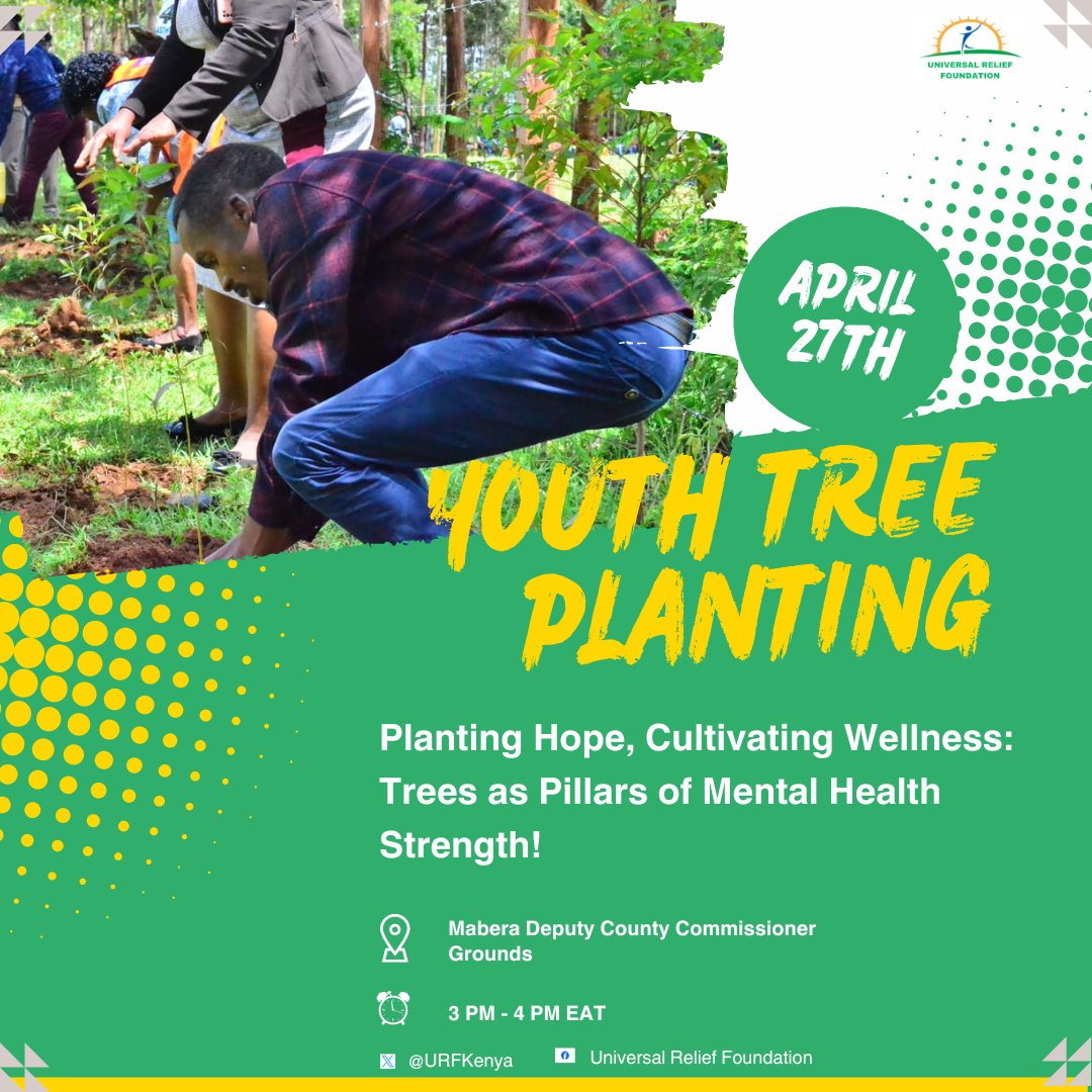 Upcoming youth tree planting event! 

Join @URFKenya in a tree-planting activity as we intertwine #mentalhealthawareness with #EnvironmentalProtection stewardship. 

Let's cultivate wellness and plant hope together. 

#MentalHealth #TreePlanting #PlantingHope #ClimateActionNow