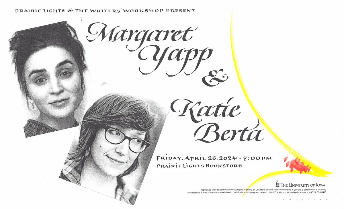 Tonight! Friday, 4/26 7p.m. at Prairie Lights bookstore, Margaret Yapp and Katie Berta will read from their latest books of poetry events.uiowa.edu/85684