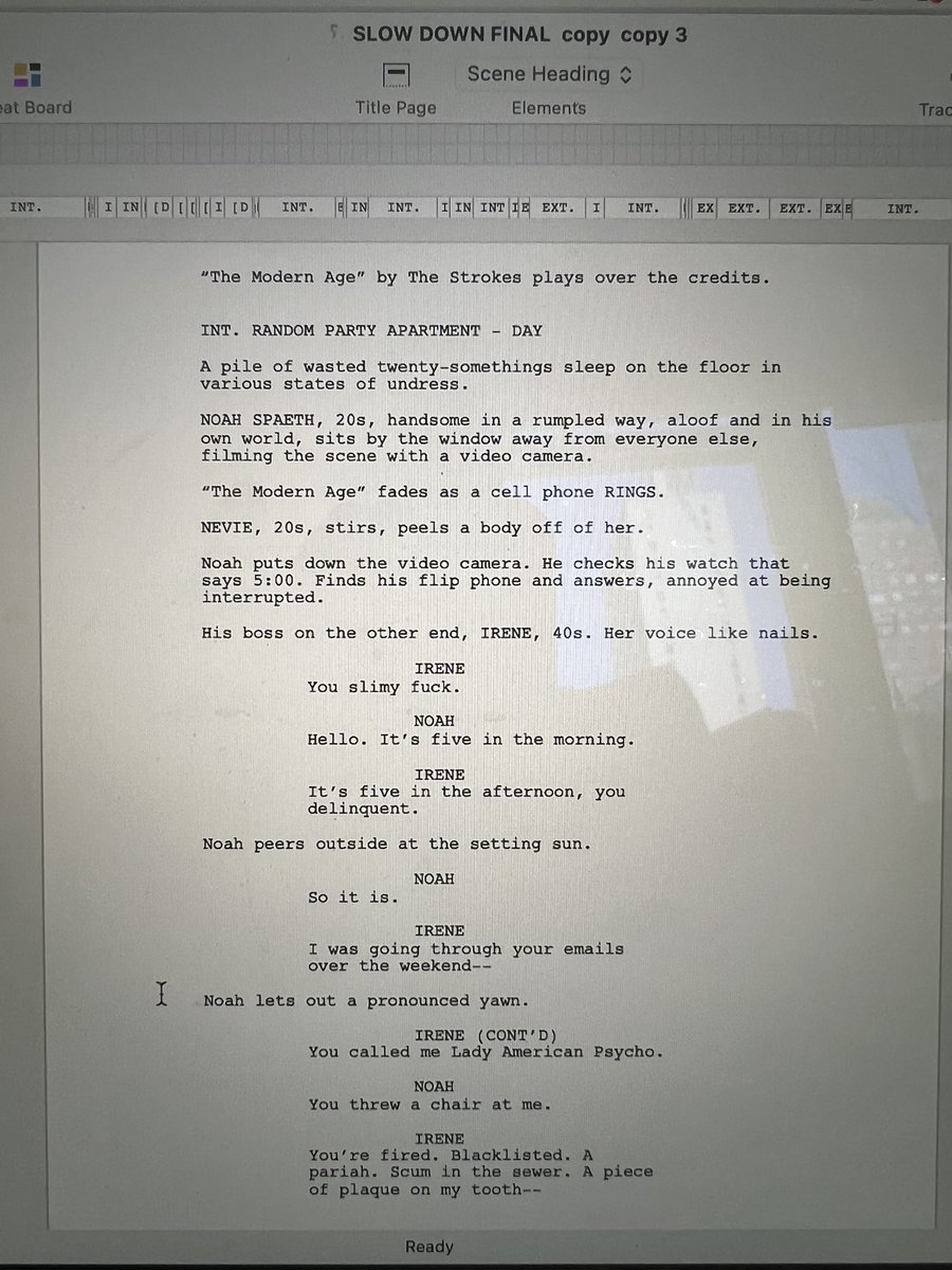 #FirstPageFriday. Been putting the finishing touches on the script for my debut novel SLOW DOWN - pitched as Saltburn meets Sex, Lies, and Videotape 🎥