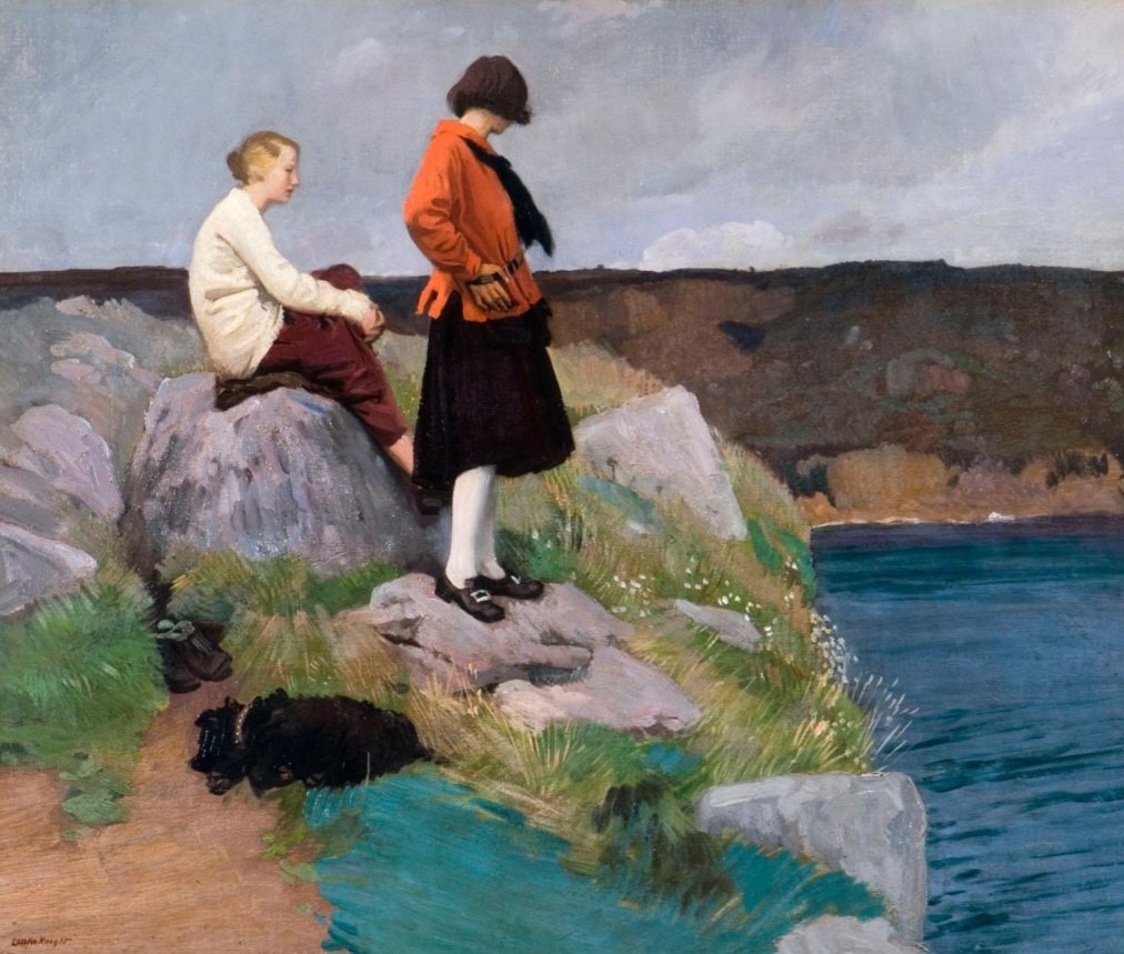 'Two Girls on a Cliff.' (1917) Laura Knight moved to Cornwall in 1907 and began to paint a series of views of the coast, resplendent with bright colour and lit by radiant summer light. The series of clifftop and coastal paintings she produced over the latter period of WW1 are…