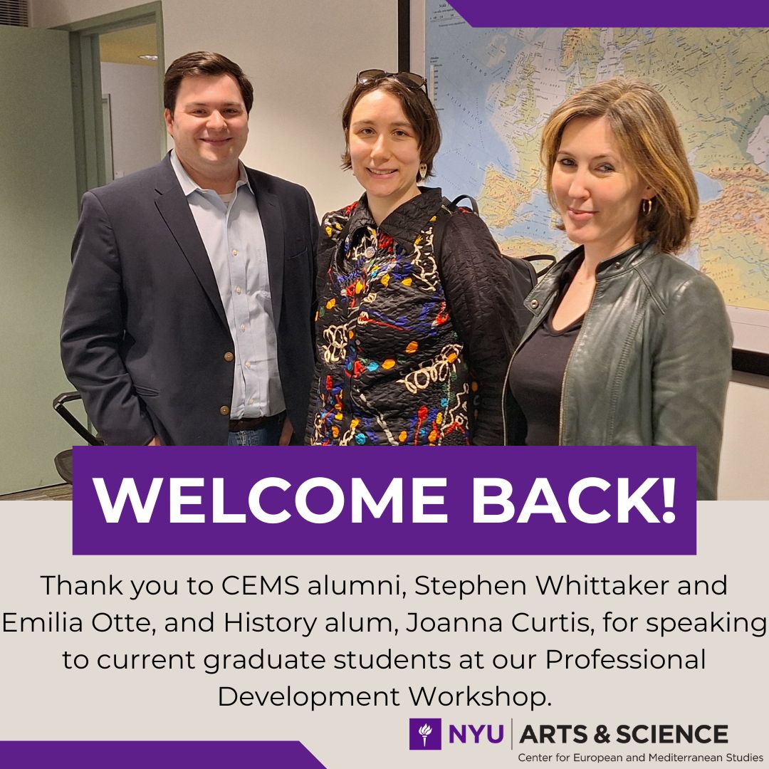 CEMS was happy to welcome back CEMS alumni, Stephen Whittaker and Emilia Otte, and History alum, Joanna Curtis, and to extend a big thank you to them for speaking with graduate students about their career journeys, professional experiences, and life after graduate school.