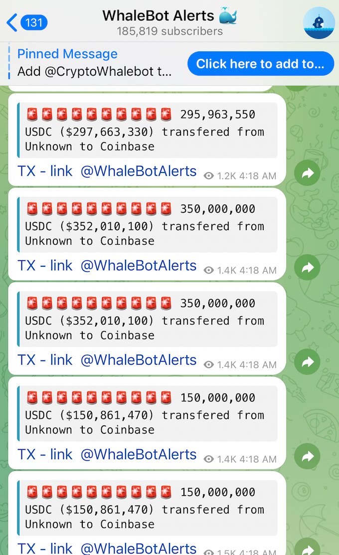Tổng cộng 1,3 tỷ đô la USDC đã được chuyển từ các địa chỉ cá voi tới sàn Coinbase.