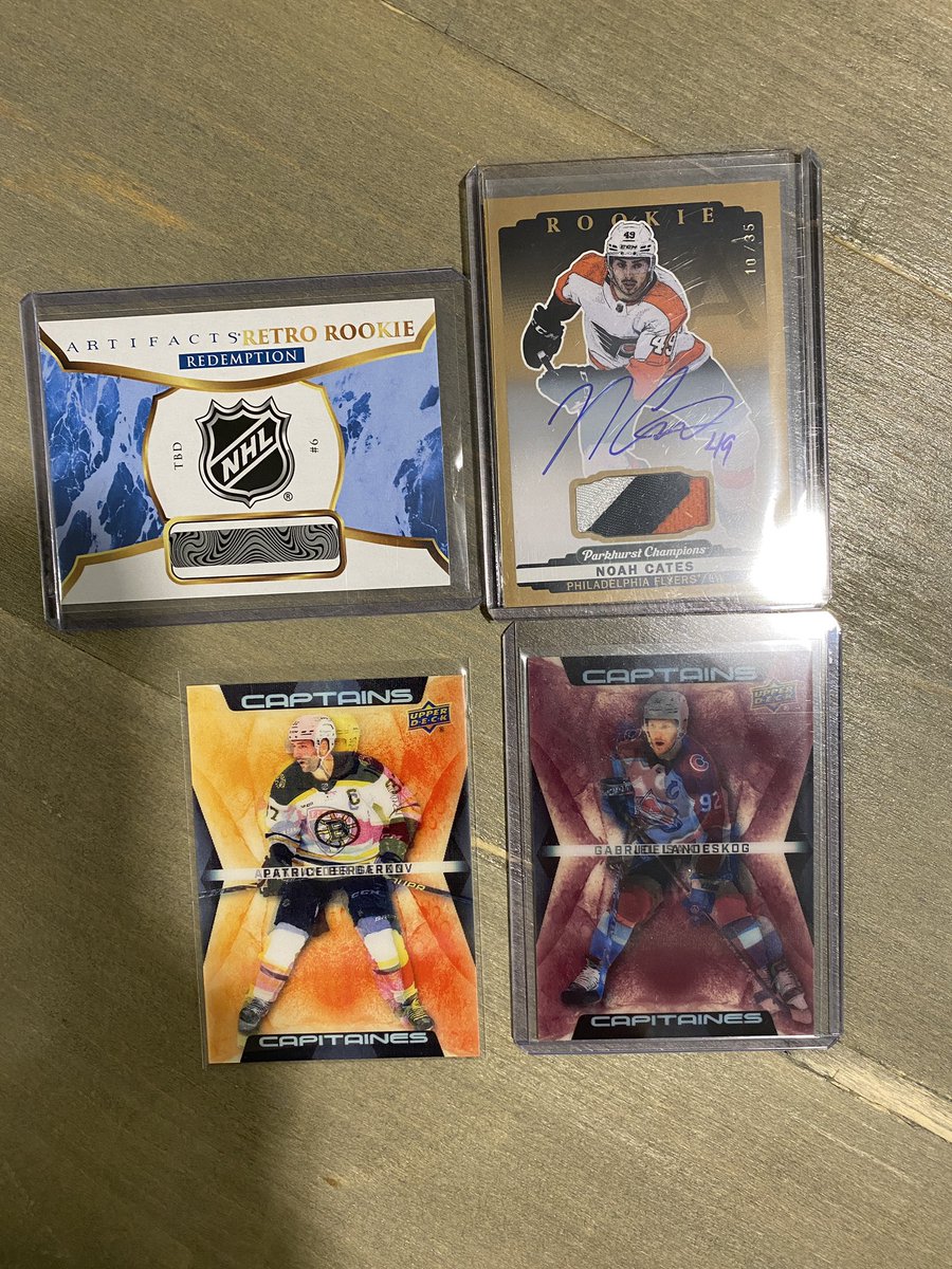 Can happily ship out today!
All prices include shipping in 🇨🇦 

- 23/24 Artifacts Retro redemption (Luke Hughes) $20
- 22/23 Noah Cates Parkhurst auto patch /35 $40
- 23/24 TH Captains Bergeron/Barkov$ 13
- 23/24 TH Captains Sakic/Landeskog $16