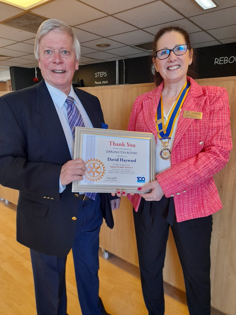 A surprised Rtn David Hayward, who has been keeping <a href="/DarlRotary/">DarlingtonRotary</a> healthy and safe as our health and safety guru for the past 10 years, was presented with a certificate of thanks by President  Michelle Thompson <a href="/wondermum2009/">MichelleThompson BEM</a> as he bows out of the role. #PeopleHelpingPeople