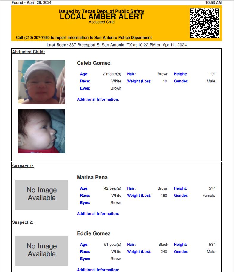 DISCONTINUED LOCAL AMBER ALERT for Caleb Gomez from San Antonio, TX, on 04/26/2024, CA plate 8J47725.