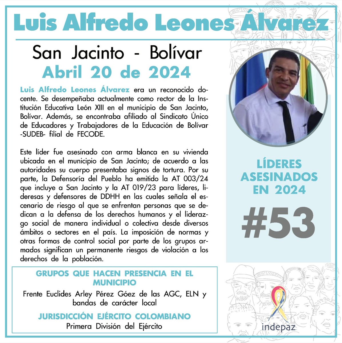 #53 Líderes asesinados en 2024 Luis Alfredo Leones Álvarez 20/04/24 San Jacinto, Bolívar Se desempeñaba actualmente como rector de la Institución Educativa León XIII en el municipio de San Jacinto, Bolívar. Además, se encontraba afiliado al Sindicato -SUDEB-. Filial de @fecode.