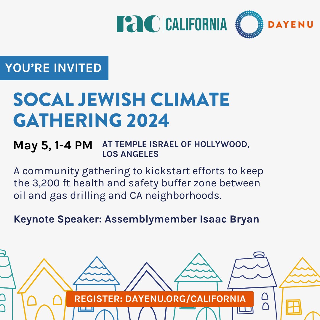 Southern California: Don't miss this chance to build community and take meaningful action to tackle the climate crisis! Signups are rolling for our SoCal Jewish Climate gathering that we're co-hosting with the @theRAC-CA on May 5. Learn more + sign up: d.aye.nu/socal