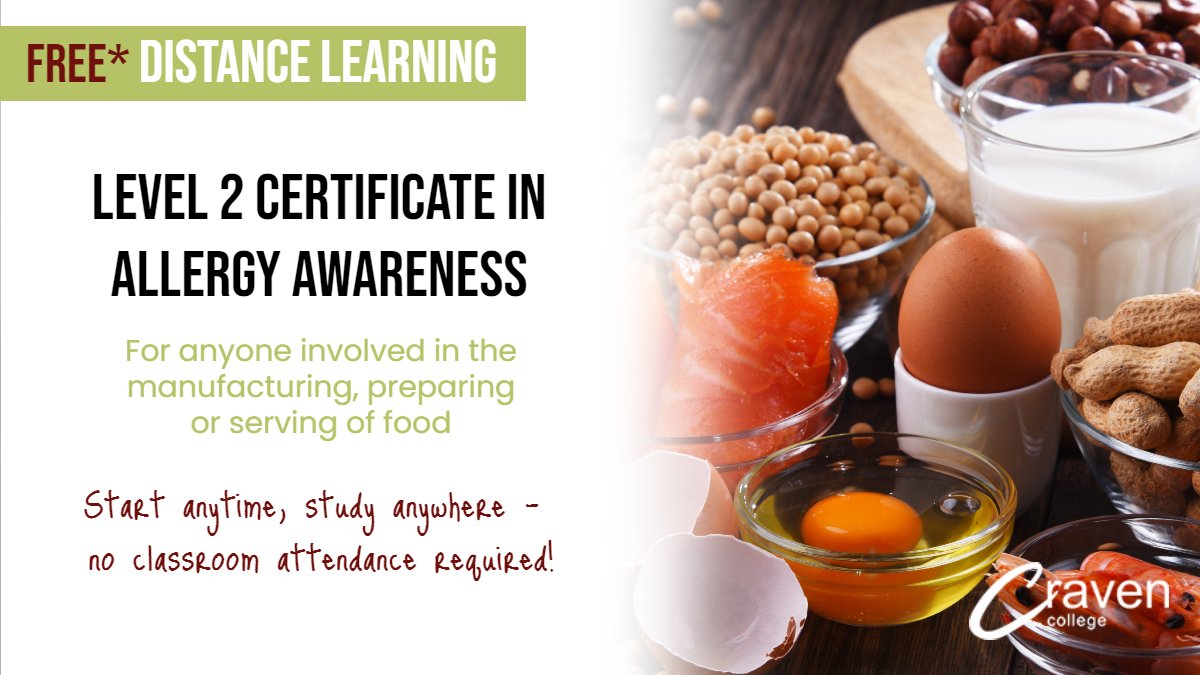#ItsTimeToTakeAllergySeriously, we'd like to remind you that we offer a FREE* Allergy Awareness Distance Learning course suitable for anyone involved in the manufacturing, preparing or serving of food.

For more info, visit craven-college.ac.uk/product/allerg…

#TooBigToIgnore #allergyuk