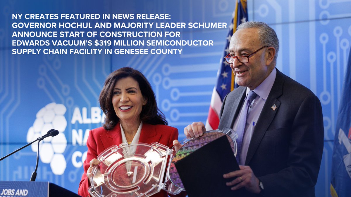 One day after a major Micron investment announcement by @POTUS in CNY, @GovKathyHochul and @SenSchumer announced the start of construction for Edwards Vacuum’s $319 Million Semiconductor Supply Chain Facility in Genesee County. Read more here: bit.ly/3WdOJzN #NYCREATES