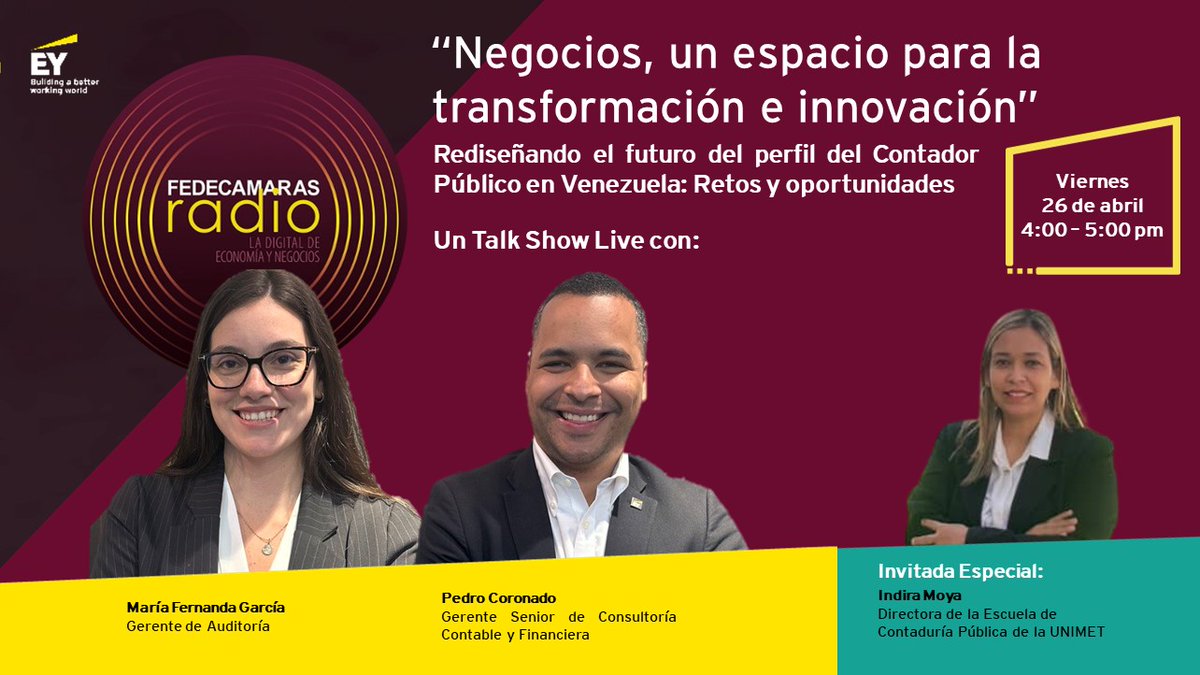 #EYVenezuela te invita a escuchar hoy #26abril a las 4:00 pm el programa radial EY: 'Negocios, un espacio para la transformación e innovación'.
Únete aquí:  fedecamarasradio.com/directo.html o a través de la cuenta instagram de @EYVenezuela. #RetencióndeTalento