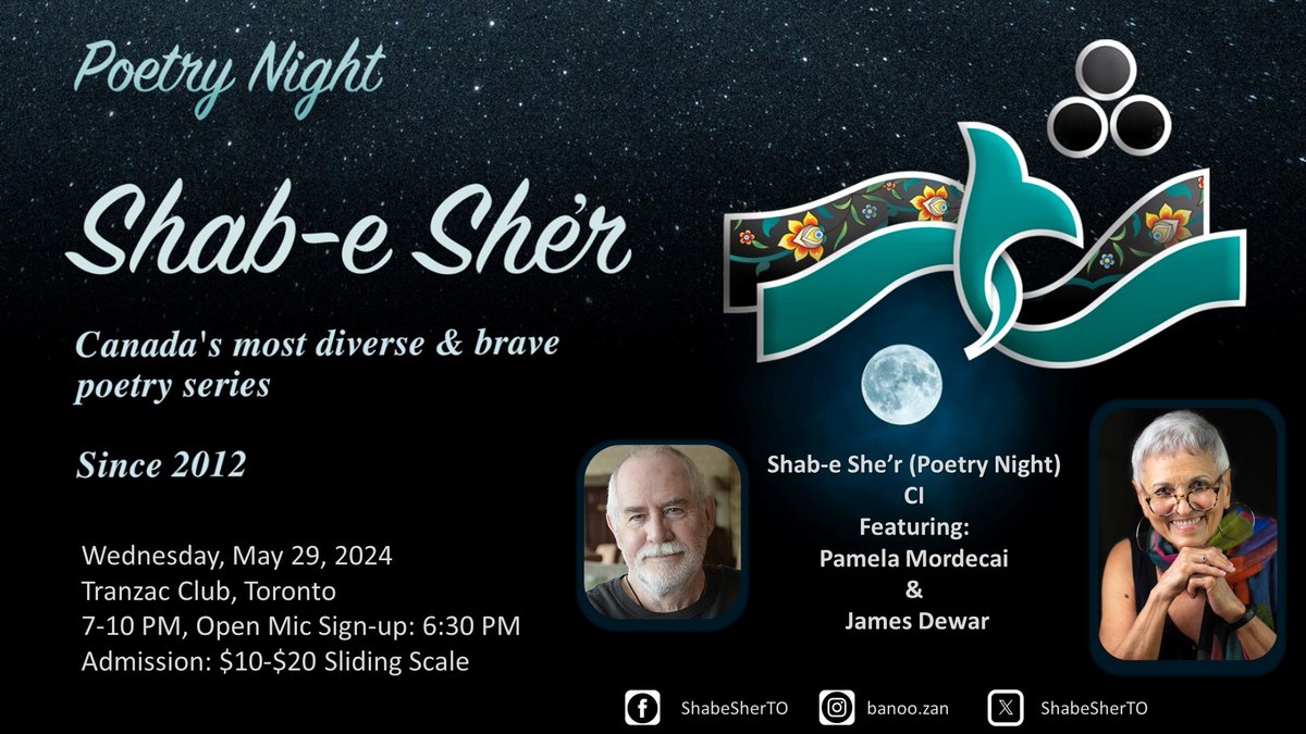 #Toronto! Mark your calendars for @ShabeSherTo featuring #JamesDewar & Pamela Mordecai @Refracting + #OpenMic for #poetry in any #language May 29 #Join, #SpreadTheWord, #poets, #community, #diversity, #FreedomOfSpeech, #publishing, #reading, #books fb.me/e/angwG5d5B