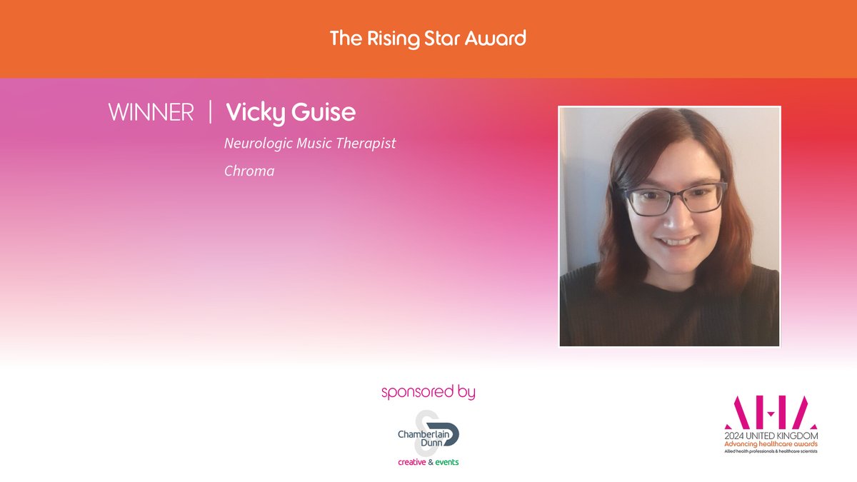 🌟Congratulations to Rising Star Vicky Guise, Neurologic Music Therapist @wearechroma who has a passion for setting up new work and engaging in research 🌟 #AHAwards