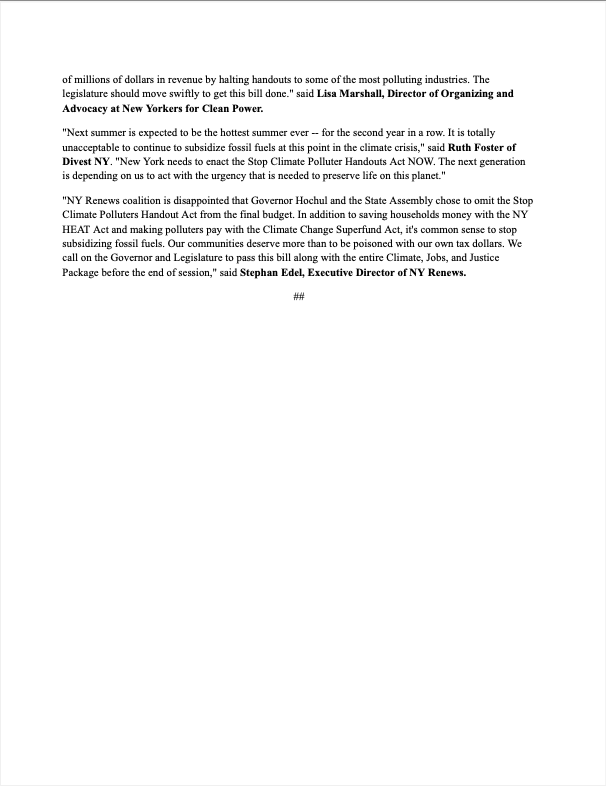 NYS left the #StopClimatePolluterHandouts Act on the table during budget negotiations - and failed to act on commonsense climate action + a multi-million $ revenue opportunity. Read our coalition response + our call to still pass the bill this session!