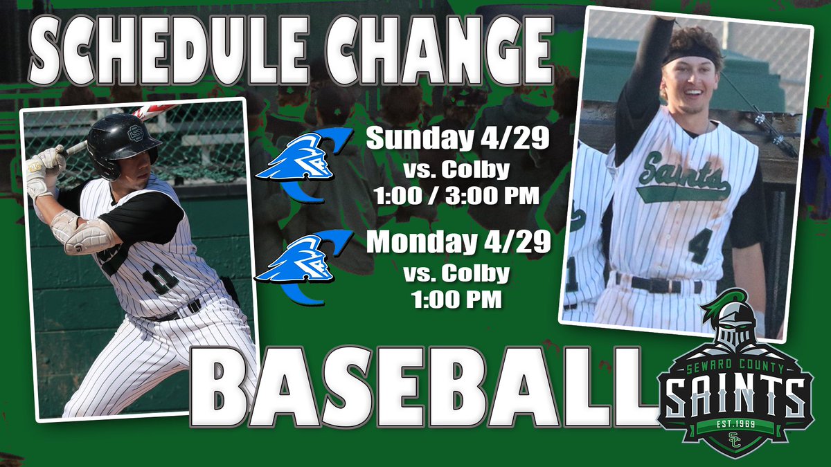 ⚾️ Schedule Update⚾️ Due to the weather in Colby yesterday that cut game two short, the Saints and Trojans will resume game two in Liberal on Sunday at 1:00 PM while playing game three the same day and competing in game four on Monday at 1:00 PM